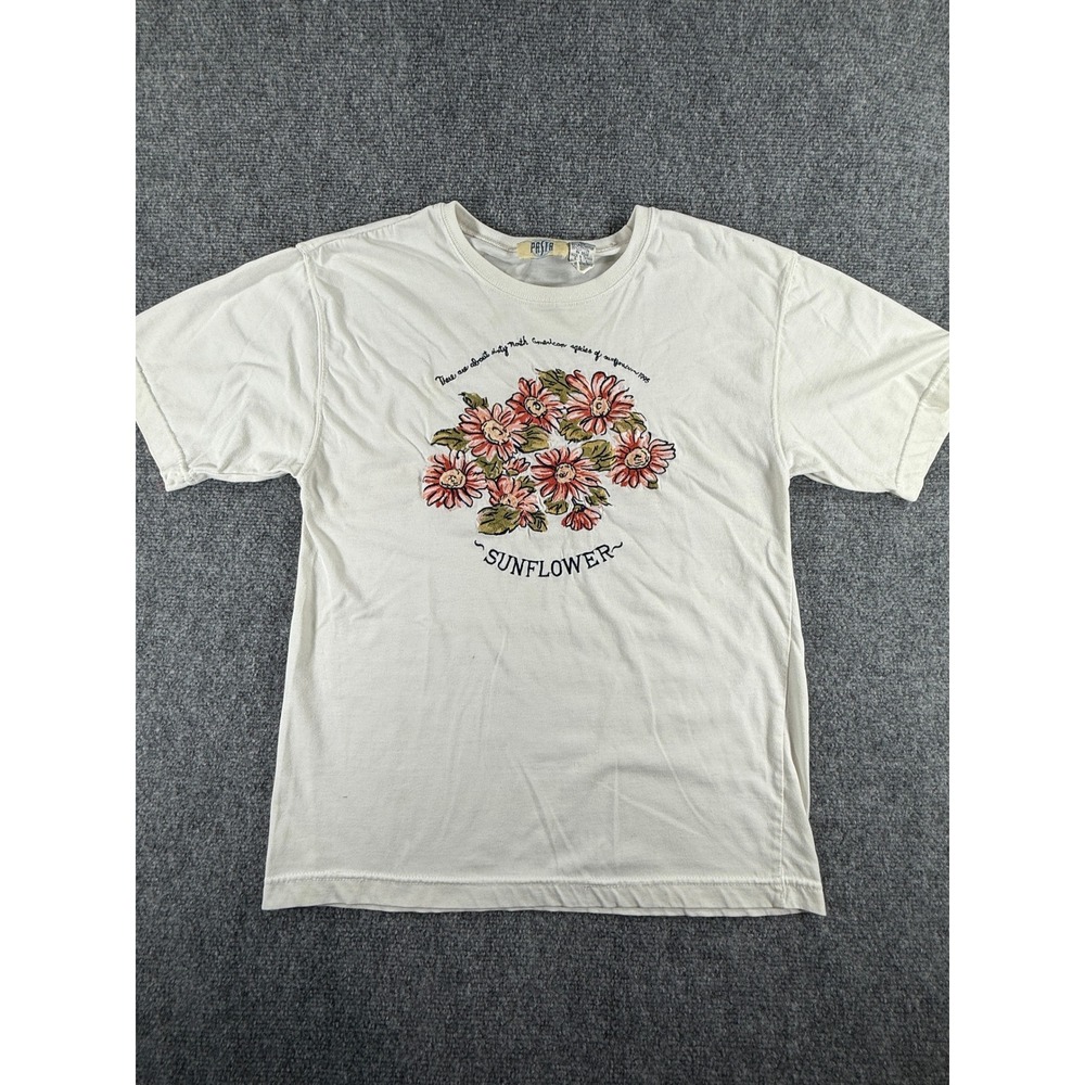 Pasta Sunflower T-Shirt Women Medium White Good Embroidered Vintage Style Tee
